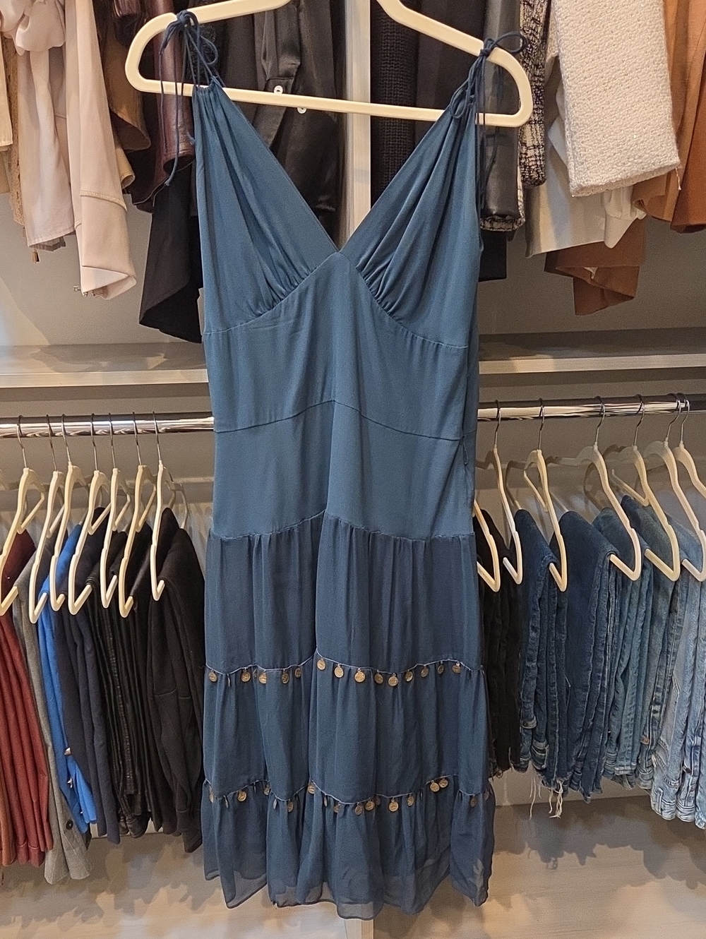 WOMEN'S MIGUELINA Sheer MIDI Dress in Blue Sz L $450
